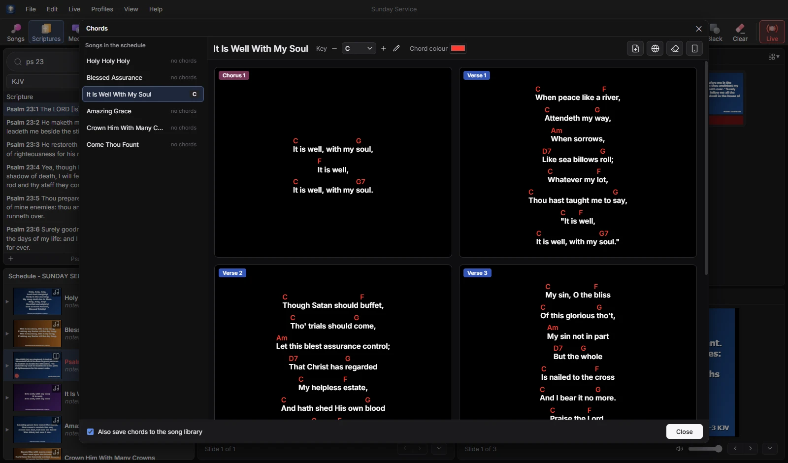 Chords editor with chords over the verses of It Is Well With My Soul in the key of C